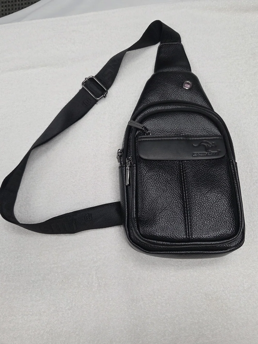 Black Leather Sling Bag for Men - Kangaroo Logo